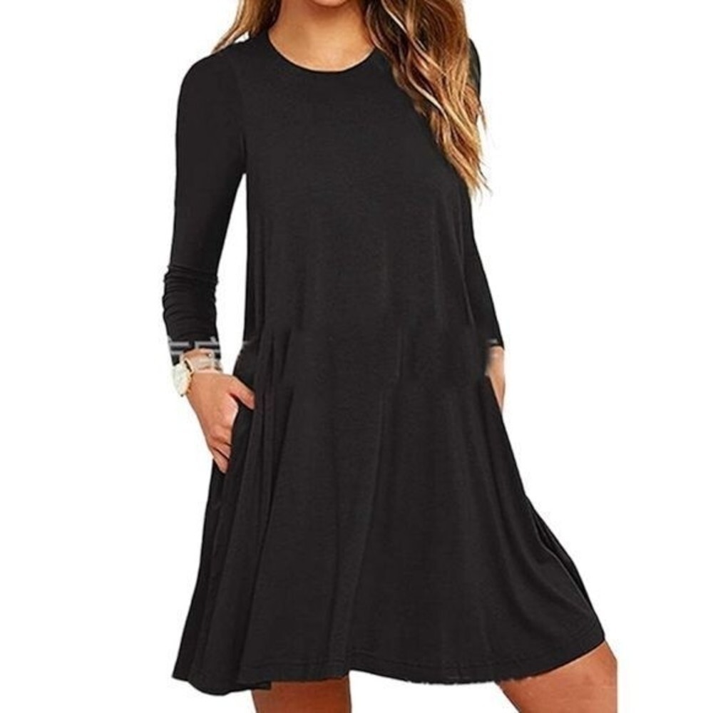 Women Black Casual Dress Sz M 3/4 Sleeves mini with pockets
